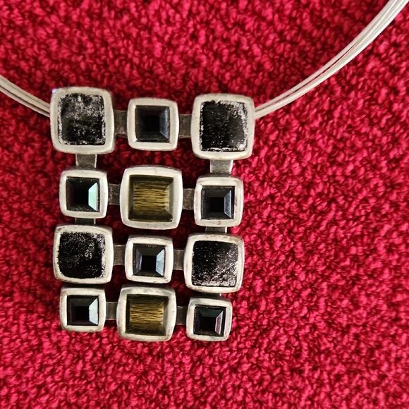 Contemporary Silvertone Abstract Grid Pattern Multicolor Stone, 18" - Picture 2 of 5